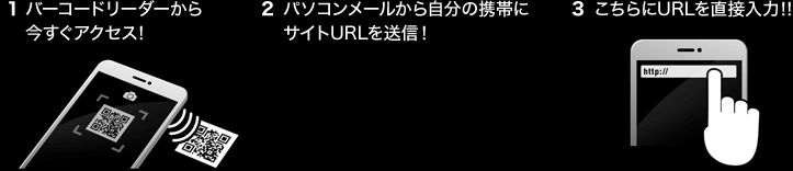 1.バーコードリーダーから今すぐアクセス!
2.パソコンメールからアドレスを送信
3.携帯電話にURLを直接入力「http://k.2pmjapan.com/」